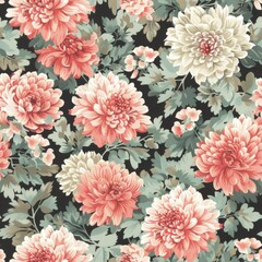 Classic vintage floral pattern featuring lush chrysanthemums in shades of pink and cream against a dark, leafy background.