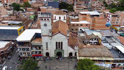 Saint Anthony of Prado, Medellin - Colombia. April 28, 2024. The township begins its development in the Republican era in 1860, Aerial photography with drone - obrazy, fototapety, plakaty