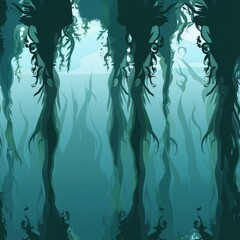 Digital illustration of a mystical underwater forest scene with elongated seaweed and filtered sunlight creating an ethereal ambiance.