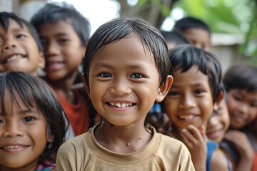 Portrait of a cute little boy smiling with his friends in background