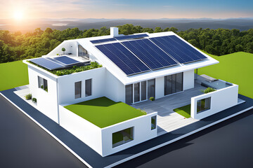 A residential smart house with solar panels on its roof for harnessing solar energy
