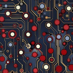 Artistic interpretation of an electronic circuit board with red and gold connections on a dark background, symbolizing technology.