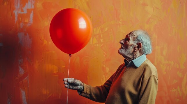 An elderly man holding onto a balloon that is gradually losing its shape and color, an allegory for the gradual and inevitable decline of cognitive functions in dementia.