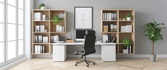Modern Home Office Space with White Desk and Black Ergonomic Chair 💻 Natural Wood Bookshelves and Minimalist Wall Art
