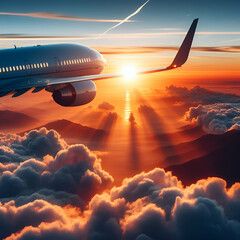 High Flying Commercial Passenger Airplane in the Air Above a Sea of Clouds in Dramatic Light at Evening Blue Sky at Sunset Seen From Outside the Plane. Private Fast Travel Luxury and Transportation.