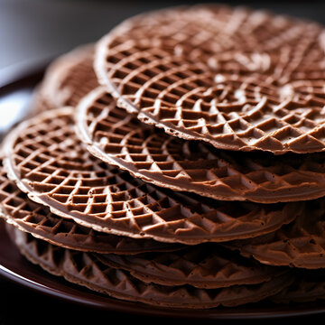Close-up of a stack of homemade Italian chocolate pizzelle cookies.
