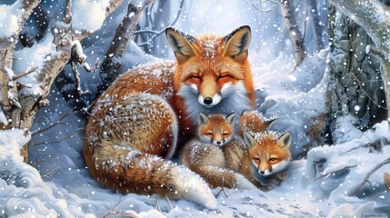 Naklejka premium An enchanting scene of a fox and her cubs snuggled in a snowy den, their vibrant coats contrasting against the pristine white snow, symbolizing warmth in the heart of winter.