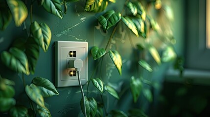 A green plant is growing next to a white outlet. The outlet is plugged into a wall and has a green cord coming out of it