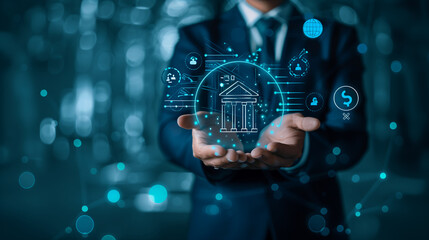 Bank safety and protection of personal and financial data. Businessman holding online banking icons and network connection icons. Digital technology business.