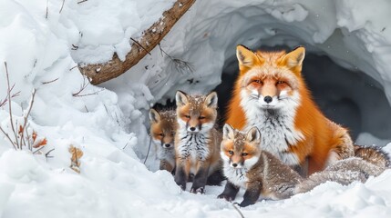 Fototapeta premium An enchanting scene of a fox and her cubs snuggled in a snowy den, their vibrant coats contrasting against the pristine white snow, symbolizing warmth in the heart of winter.