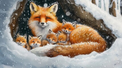 Fototapeta premium An enchanting scene of a fox and her cubs snuggled in a snowy den, their vibrant coats contrasting against the pristine white snow, symbolizing warmth in the heart of winter.