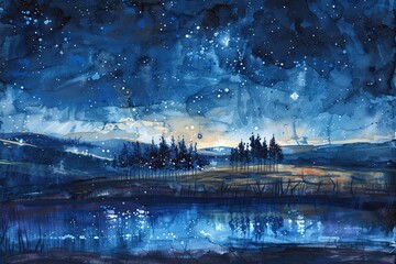 The magic of the night sky: a watercolour incarnation of the starry sky, each drop of paint reflecting the infinite expanse of space and the mystical atmosphere of the night