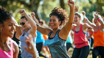 An energetic group fitness class in a park, with participants of all ages and backgrounds engaging...