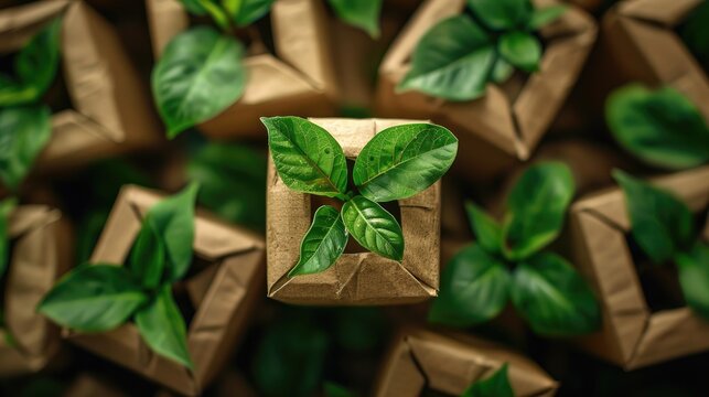 A close up of a green plant growing out of a brown cardboard box. Concept of growth and renewal, as the plant is thriving despite being in an unconventional environment
