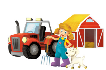cartoon scene with farmer girl standing with pitchfork and farm animal goat isolated background illustation for children