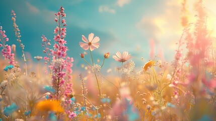 A field of flowers with a bright blue sky in the background. The flowers are in full bloom and the sun is shining brightly