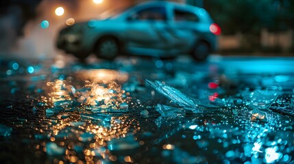 Shattered glass in the street.