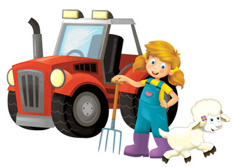 cartoon scene with farmer girl standing with pitchfork and farm animal sheep isolated background illustation for children
