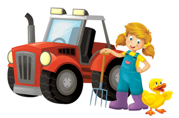 cartoon scene with farmer girl standing with pitchfork and farm animal duck bird isolated background illustation for children