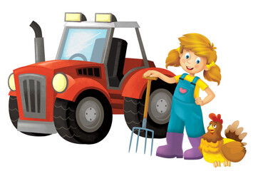 cartoon scene with farmer girl standing with pitchfork and farm animal isolated background illustation for children