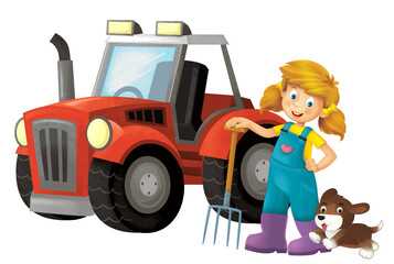 cartoon scene with farmer girl standing with pitchfork and farm animal isolated background illustation for children