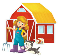 cartoon scene with farmer girl standing with pitchfork and farm animal cat kitty isolated background illustation for children