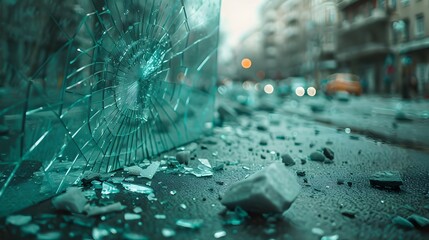 Shattered glass in the street.