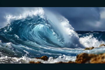 A powerful ocean wave, crashing against the shore with force and energy, Concept nature's power and strength