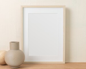 Empty picture frame, clean beige home interior decor