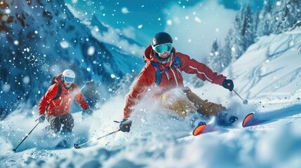 Young woman and man skiing and jumping on powder snow