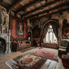Obraz premium old room full of paintings and fireplace