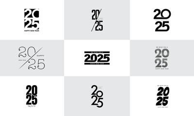 Big Set of 2025 Happy New Year logo text design.