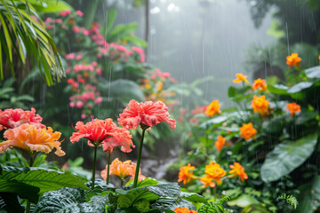Yellow and pink flowers in tropical garden under rain.
