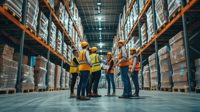 A team of warehouse workers in safety vests engage in a group discussion in a large modern logistics center. AIG41