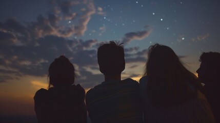 A group of friends eagerly waits for the stars to align for a perfect photo opportunity capturing the magic of the night. - obrazy, fototapety, plakaty