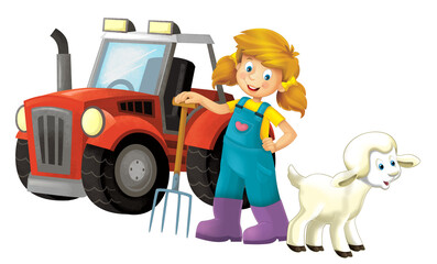 cartoon scene with farmer girl standing with pitchfork and farm animal sheep isolated background illustation for children