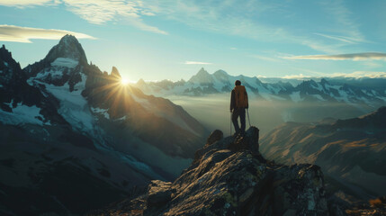 A backpacker standing on top of the mountain, overlooking vast landscapes with rivers and lakes in front, wearing hiking , a bright yellow jacket and blue pants, carrying outdoor equipment with a dete - Powered by Adobe