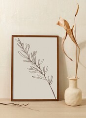 Minimal line art, botanical design on a picture frame, beige home decor