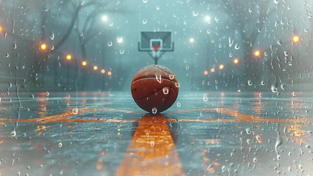 basketball scene in the middle of the court under light rain