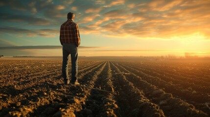 Portrait of farmer looking rice field sunset with golden ray with tractor parking. Skilled...