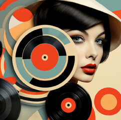 Stylish young woman in vintage hat surrounded by abstract vinyl records. Retro artwork background