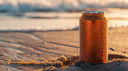 An aluminum can of beer lies in the sandy beach, its contents a refreshing liquid beverage waiting to be enjoyed under the sun AIG50