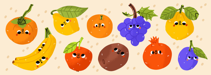 Fruits icons set: lemon, orange, apple, kiwi, grapes, pomegranate. Hand-drawn cartoon doodle in simple naive style. Cute fruit with eyes on a white background. All elements are isolated