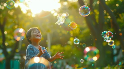 Bubble Bliss: A Playful Child Engrossed in Magical Moments with Shimmering Bubbles. - Powered by Adobe