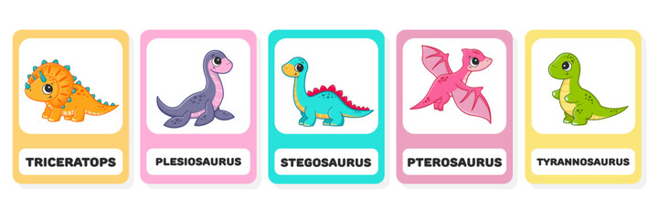 Cute cartoon dinosaurs. A set of cards for training.