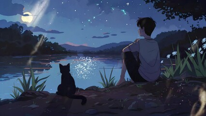 boy sitting on a hill with a cat enjoying the clear sky at night with a bright moon and stars. Animated looping background.	