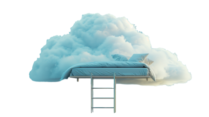 Floating bed on clouds with stairs isolated on transparent background, peace, dream and relaxation.