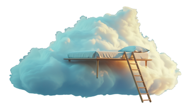 Floating bed on clouds with stairs isolated on transparent background, peace, dream and relaxation.