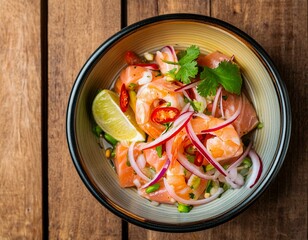  TIGELA DE CEVICHE SIMPLES DE SALMÃO E CAMARÃO EM UM CONCEITO DE CULINÁRIA PERUANA