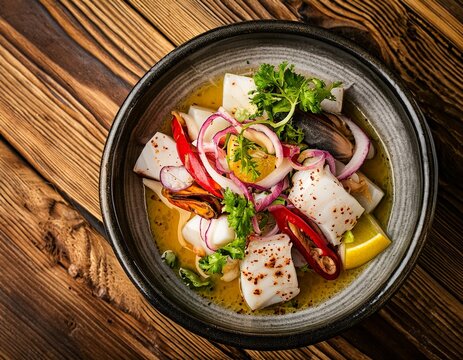  TIGELA DE CEVICHE SIMPLES DE PEIXE BRANCO EM UM CONCEITO DE CULIN&Aacute;RIA PERUANA
